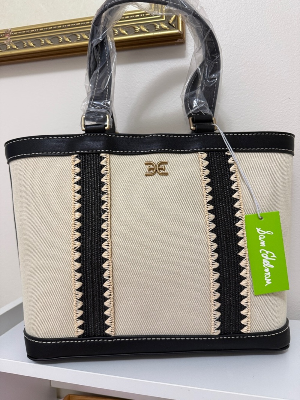 Sam Edelman Cream & Black Canvas Tote Bag